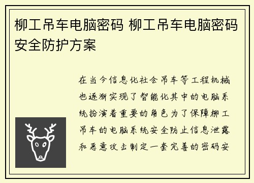 柳工吊车电脑密码 柳工吊车电脑密码安全防护方案